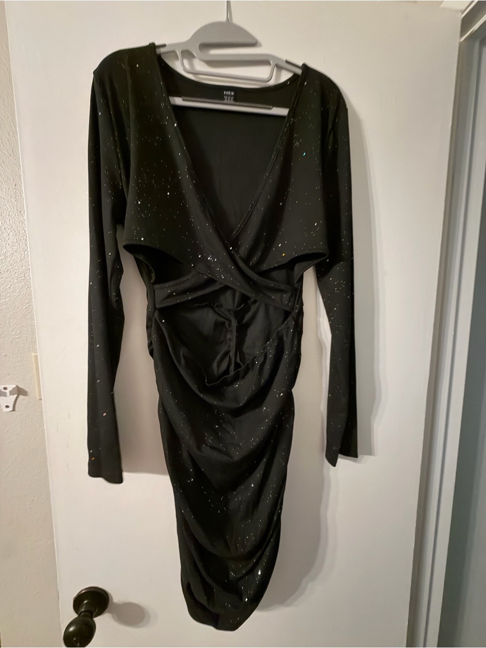 SHEIN Black Long-Sleeve Sparkle Ruched Wrap Dress